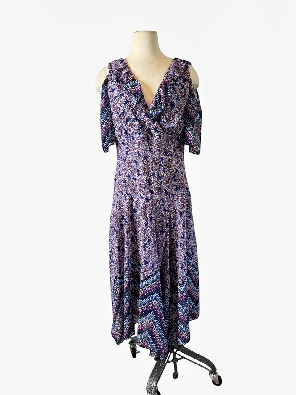 Rabbit Designs Geometric Maxi Dress in Blue & Pink Size Small Like